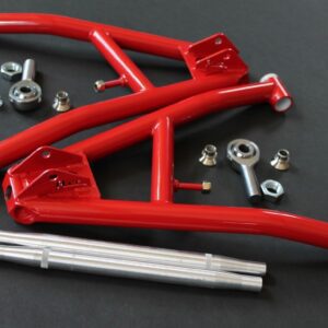 A set of red front and rear suspension parts.