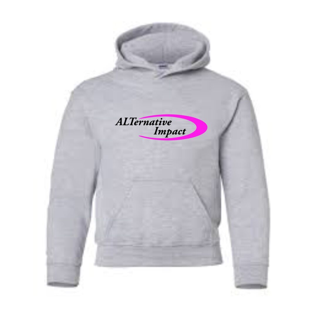 A gray hoodie with a pink logo on it.