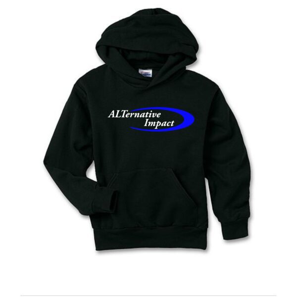 A black hoodie with a blue and white logo on it.