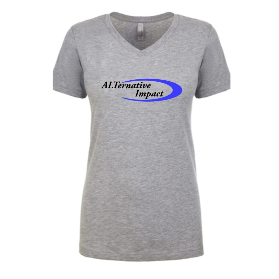 A women's v - neck t - shirt with a blue and gray logo.