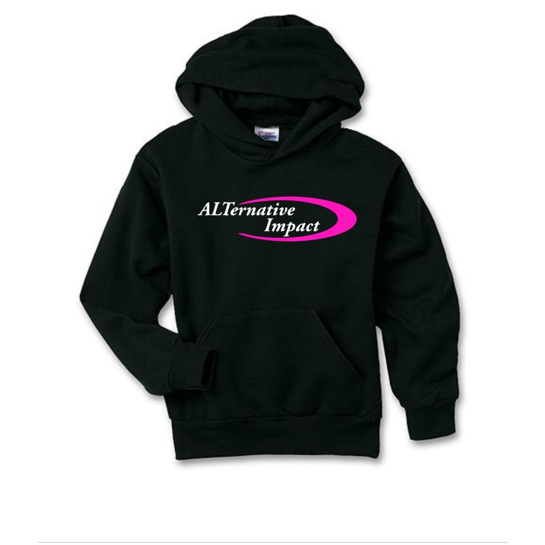 A black hoodie with a pink logo on it.