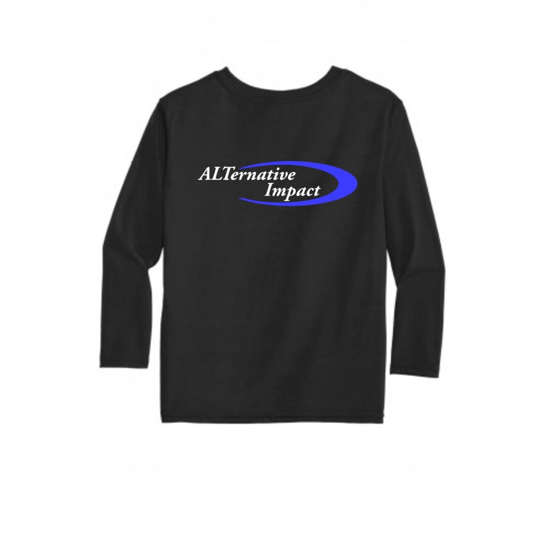 A black long - sleeved t - shirt with the word'all the way'on it.
